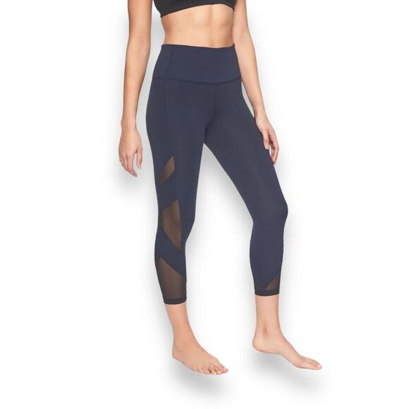 Athleta Chaturanga Capri Size S High Rise Dark Blue Leggings With Mesh Cutouts - Picture 1 of 10